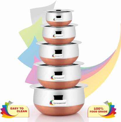 Vigneshgenix Handi Set Copper Bottom Handi Set/Cookware Set of 5 Pieces Handi 0.4 L, 0.6 L, 0.8 L, 1.1 L, 1.5 L