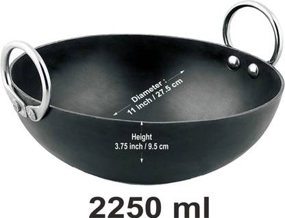 VeerEnterprises Ms Pure Iron / Loha Deep Frying 11 Inches Kadhai 27.5 cm diameter 2.25 L capacity