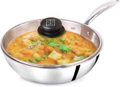 The Indus Valley Triply Stainless Steel Fry Pan with Glass Lid and Long Handle - 9.4 inch Fry Pan 24 cm diameter with Lid 1.7 L capacity