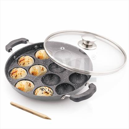 NSVL Heavy-BASE Non-Stick 12 Cavity Appam Patra with Glass Lid | Appam Maker Appachatty with Lid 1 L capacity 24 cm diameter