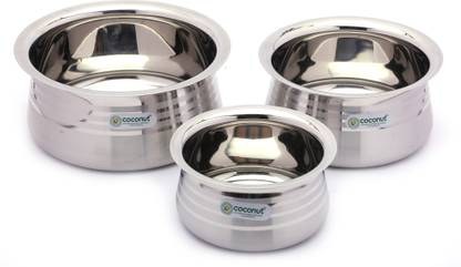 COCONUT Stainless Steel Matt Finish Handi For Cook n Serve -Set of 3-1500ML,1000ML,700ML Handi 1.5 L, 0.7 L, 0.5 L