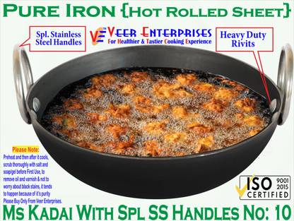 VeerEnterprises MS Pure Iron/Loha Double-Sided Stainless-Steel Handled Black Kadhai 25 cm diameter 2 L capacity
