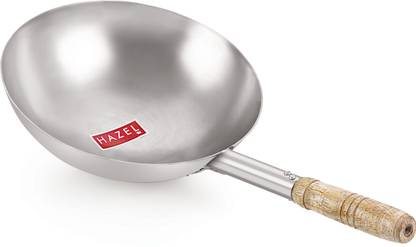 HAZEL Stainless Steel Chinese Wok Kadhai with Wooden Handle Deep-Fry Pan Wok, 25.5 cm NA Pan 25.5 cm diameter 1.9 L capacity