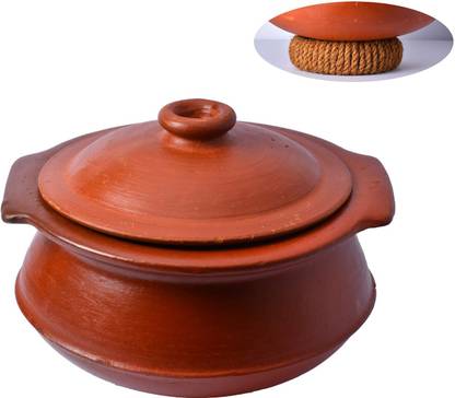 Frills & Colours Clay pot for Cooking /Handmade Cookware /Handi-Red with Lid Handi 3 L with Lid