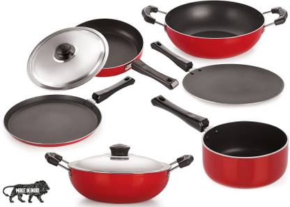 NIRLON Aluminium Cookware Set, 6-Pieces, Red & Black Tawa 27 cm diameter