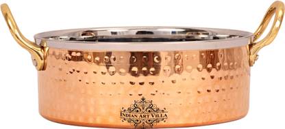 Indian Art Villa Steel Copper Hammer Serving Bowl with Handle Width - 6 Inch Handi 0.8 L
