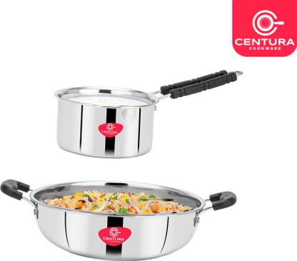 CENTURA Stainless Steel 2pcs Combo Kadai(1.5L), Pan(0.8L) Cookware Set Kadhai 21.5 cm, 14 diameter 1.5 L, 0.8 L capacity