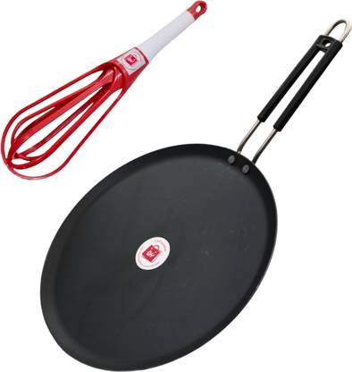 LAZYwindow 100% Pure Iron Induction Base Flat Iron Tawa and Plastic Whisker Tawa 26 cm diameter