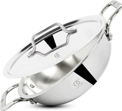 Omichef Primax 26CM(3.95Ltr) Triply Stainless Steel Kadhai , Induction Compatible Kadhai 26 cm diameter with Lid 3.8 L capacity