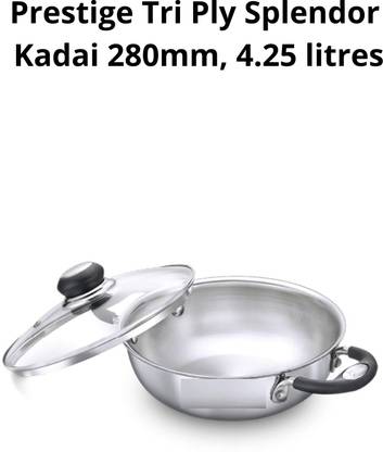 Prestige Tri Ply Splendor Stainless Steel Kadai with Glass Lid (Silver) Kadhai 28 cm diameter with Lid 4.25 L capacity