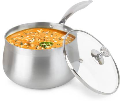 The Indus Valley Triply Stainless Steel Sauce/Milk Pan with Glass Lid - 8 inch Sauce Pan 20.3 cm diameter with Lid 3.5 L capacity