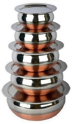 RBGIIT Premium Quality Mirror Finish Stainless Steel Deep Vessel /Handi / Cooking Pot For Kitchen. Export Quality Stainless Steel Making The Utensil Highly Durable, Long Lasting & Rust Free. Stainless Steel Copper Bottom Cookware Handi, Cooking Bowl, Serving Biryani Punjabi Pot Pan Combo Handi/Urli Set Biryani Handi Set with Handle and Lid Unique. Handi Set Stainless Steel and Copper Bottom Kitchen Serving and Cooking Bowl Ideal for cooking and serving biryani, rice, gravies and vegetables Stainless Steel Copper Bottom Handi/Pot/Patila Biryani Punjabi Handi Set with Lid Copper Base Stainless Steel Gas Compatible Handi Set with Lid serving Handi/tableware/storage containers/bakeware/ dinner set/ kitchen set steel item for home appliances and kitchen serving cooking combo set with lid/cover/dhakkan/ storage container copper handi /URLI set fruit and salad bowl Cookware set_A11 Handi 1.6 L, 1.2 L, 0.85 L, 0.65 L, 0.4 L with Lid
