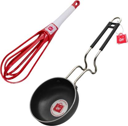 LAZYwindow Iron Tadka Pan and Foldable Plastic Whisker Hand Blender Mixer Tadka Pan 12 cm diameter 0.5 L capacity