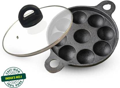 The Indus Valley Pre-Seasoned Cast Iron Paniyaram Pan with Glass Lid 9 pit - 8.2inch Paniarakkal with Lid 0 L capacity 20.8 cm diameter