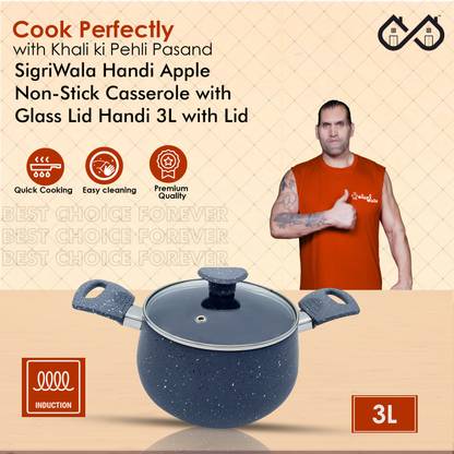SigriWala Handi Apple Non-Stick Casserole with Glass Lid Handi 3 L with Lid