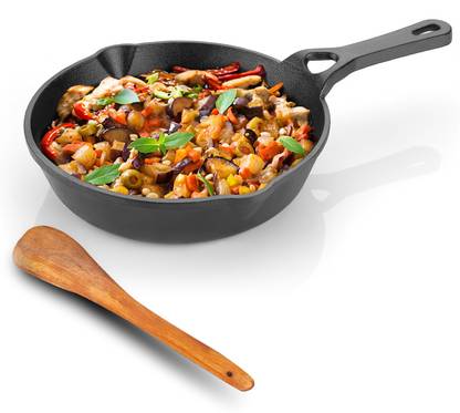 Lifelong Pre - Seasoned Cast Iron Fry Pan 8 inch with Wooden Spatula, Naturally Non Stick Fry Pan 20 cm diameter 0.5 L capacity