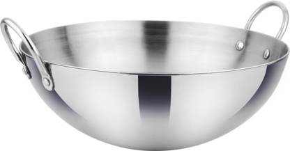 PRABHA Prima Triply Finish, Heavy Gauge Kadhai Without Lid, Kitchen Wok, Silver Kadhai 24 cm diameter 2.4 L capacity