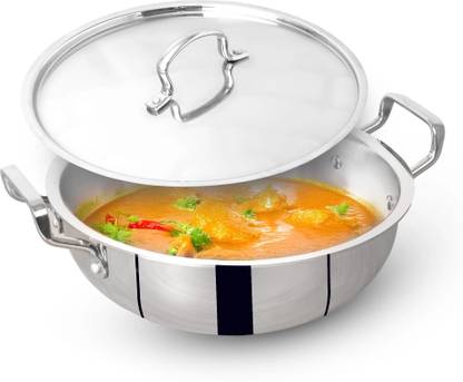 The Indus Valley Triply Stainless Steel Deep Kadai with SS Lid - 11.02 inch Kadhai 28 cm diameter with Lid 5 L capacity