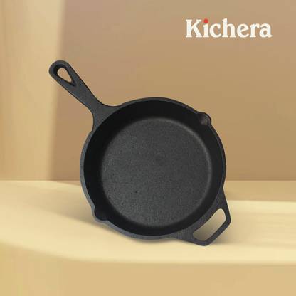 Kichera Cast Iron Skillet with Pour Spouts Easy Grip Handle Saute Pan 21 cm diameter 1.6 L capacity