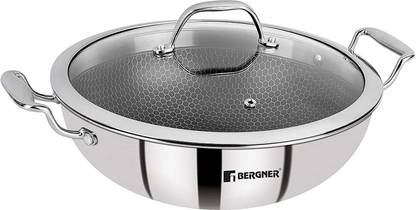 BERGNER Hitech Triply Non-Stick Kadhai with Non-Stick Mesh Pattern Inside, Wok with Lid 4 L capacity 28 cm diameter