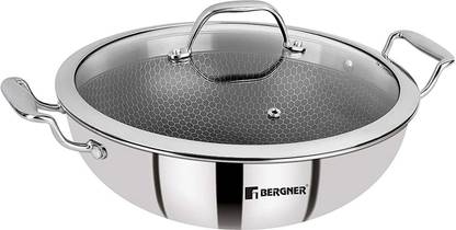 BERGNER Stainless Steel Induction Bottom Gas Stove Friendly Kadhai Wok Set with Lid 1.5 L capacity 20 cm diameter