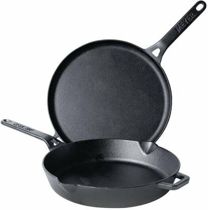Meyer Pre-Seasoned Cast Iron 2 Piece Cookware Set - 28cm Flat Dosa Tawa + Induction Bottom Cookware Set