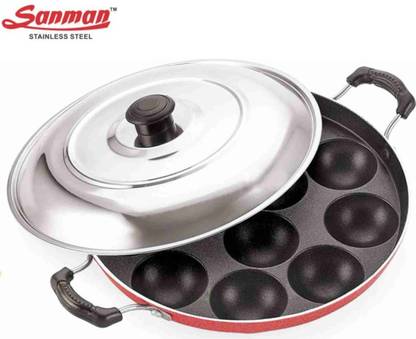 SANMAN Non Stick Durable Appam Maker , Easy to Clean Appam Pan , 12 Cavities , Black NA Pan 28 cm diameter with Lid 0.5 L capacity