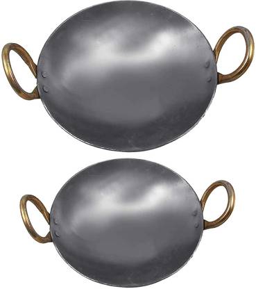 Quickcollection Iron cookware Kadai Frying Pan for Cooking 8 Inches/ 12 Inches Set of 2 Combo Kadhai 85 cm diameter with Lid 6.1 L capacity