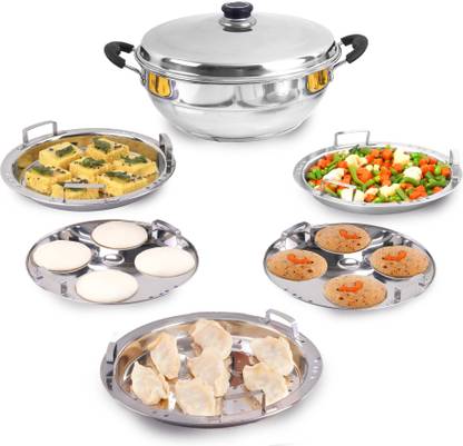 The Indus Valley Stainless Steel Idli/Dhokla/Momo Maker/Multi Pot/Steaming Set|5 Plates - 9 inch Pot 23 cm diameter 3 L capacity with Lid
