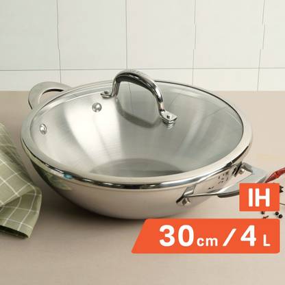 Meyer Select Nickel Free Stainless Steel Wok/ Kadhai 30 cm diameter with Lid 4 L capacity