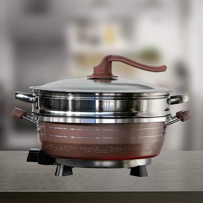 VBM Electric Frying Pan(6L) Multifunctional Electric Hot Pot with Steamer Stir Fry Pan 2 cm diameter with Lid 6 L capacity