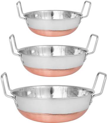 Dealdona Stainless Steel with Copper Bottom Heavy Gauge Kadhai/ Frying Pan (Set of 3) Kadhai 19 cm, 21 cm, 23 cm diameter 1 L, 2 L, 3 L capacity