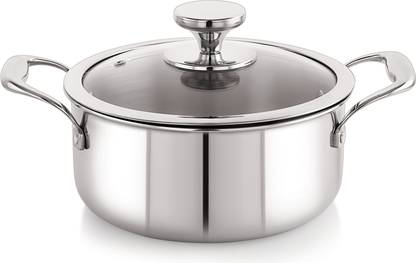 NIRLON Platinum Triply Stainless Steel Casserole with Glass Lid, 20 cm|2.8 Liter Wok with Lid 2.8 L capacity 20 cm diameter