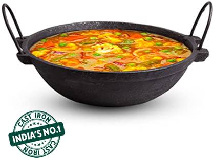 The Indus Valley Pre-Seasoned Cast Iron Kadai with Strong Handles - 9.4 inch Kadhai 24 cm diameter 2 L capacity