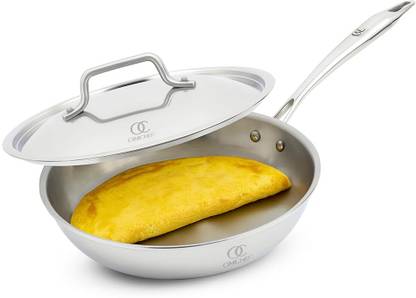 Omichef 22CM (2Ltr) Triply Stainless Steel Frypan, Induction & Gas Compatible, Fry Pan 22 cm diameter with Lid 2 L capacity