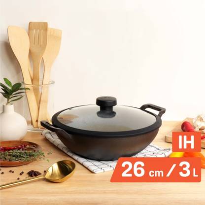Meyer Pre Seasoned Cast Iron Kadhai 26 cm diameter with Lid 3 L capacity