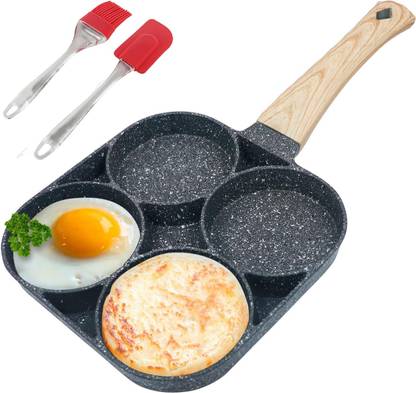 Brijvila 4 Hole NonStick Egg Frying pan with Wooden Handle Cup Pancake Skillet Cookware Fry Pan 18 cm diameter 1 L capacity