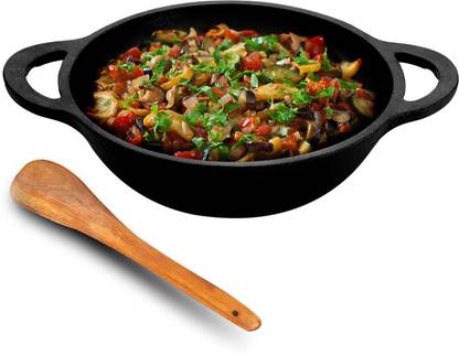 Lifelong Pre-Seasoned Kadai with Wooden Spatula, Naturally Non Stick Wok 3.3 L capacity 24 cm diameter