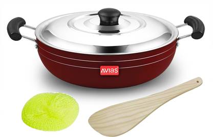 AVIAS Indiana Nonstick Kadai, Stainless Steel Lid, Gas Stove, PFOA Free Kadhai 26 cm diameter with Lid 3.25 L capacity