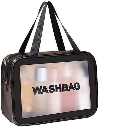 HOUSE OF QUIRK Toiletry Bag, Wash Make Up Bag PVC Waterproof Zippered Cosmetic Bag, Portable Carry Pouch for Women Men (Black Large)