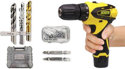 CHESTON Cordless Drill 2Hss 2wood 2wall 2Screwdriver (1.5AH) Screw Driver 10mm Keyless Chuck 12V with 2 Batteries, LED Torch Variable Speed Power & Hand Tool Cordless Drill