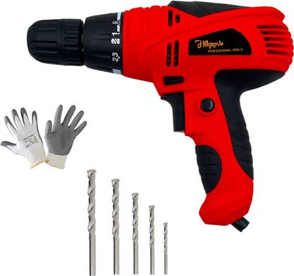 Hillgrove HGCM1190M3 400W Power Drill Machine with Gloves, 5Pcs Masonry Drill Bits for Making Holes in Metal/Wood/Concrete with Reverse Rotation TMHS927 Pistol Grip Drill