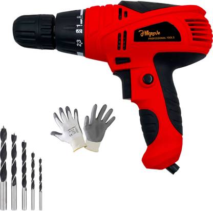 Hillgrove HGCM1191M2 400W Power Drill Machine with Gloves, 5Pcs Wood Drill Bits for Making Holes in Metal/Wood/Concrete with Reverse Rotation and Variable Speed TMHS929 Pistol Grip Drill