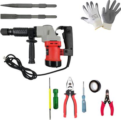 Hillgrove HGM4055M6 17mm Demolition Chisel+Hammer Concrete Breaker Drill Machine with 5Pcs Hand Tool Kit, Safety Gloves and 2 Bits for Breaking Concrete Wall DFH27 Pistol Grip Drill