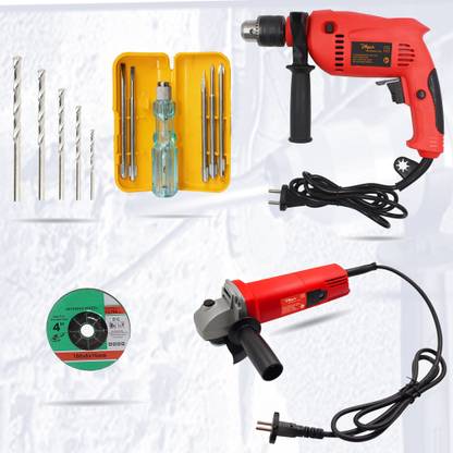 Hillgrove HGCM391M1 4"inch Angle Grinder With 700W Drill Machine, 5in1 Screwdriver and 5 Drill Bits for Making Holes in Metal/Wood/Concrete HGCM391M1 Pistol Grip Drill
