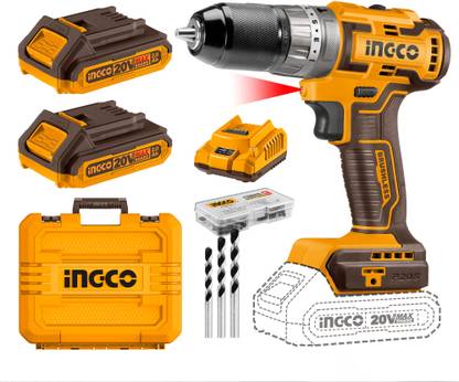 INGCO 20V Brushless Cordless Impact Drill | Power Drill Machine | 50Nm 2-Speed 2*2.0 Ah Batteries | 1 Charger | 47 Accessories | 3 Masonry Drill Bits | Cordless Drill