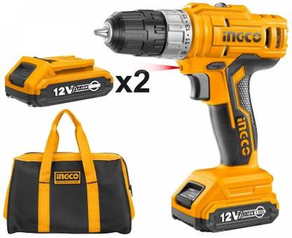INGCO CORDLESS DRILL ithium-Ion cordless drill machine with 2 Pieces20v Battery and 1 Charger, Mechanical 2-speed gear, Integrated work light LED Cordless Drill
