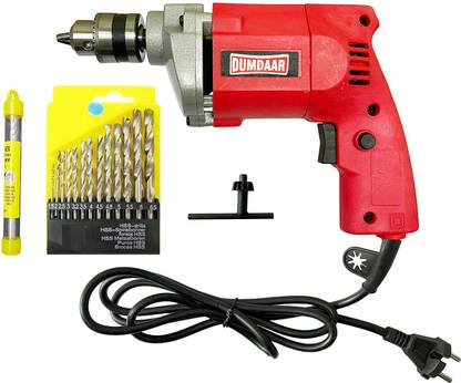 DUMDAAR TR Red 10mm Electric Drill Machine with 13pcs HSS, 1pc masonry Drill Bits 100% Copper Winding Pistol Grip Drill