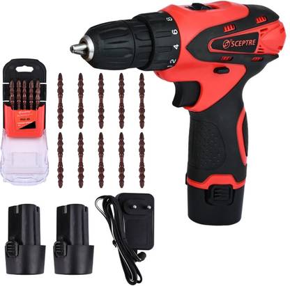 Sceptre Cordless Drill Machine 1350 RPM No Load Speed Reversible 12V (25+1)Torque Setting & 2 Battery with Screwdriver Bit Set (Pack of 10) Pistol Grip Drill