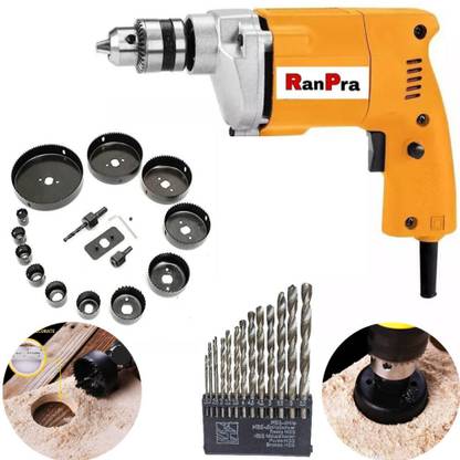 RanPra COMBO OF 10MM DRILL MACHINE WITH 16PCS HOLE SAW SET & 13PCS DRILL BIT SET Pistol Grip Drill